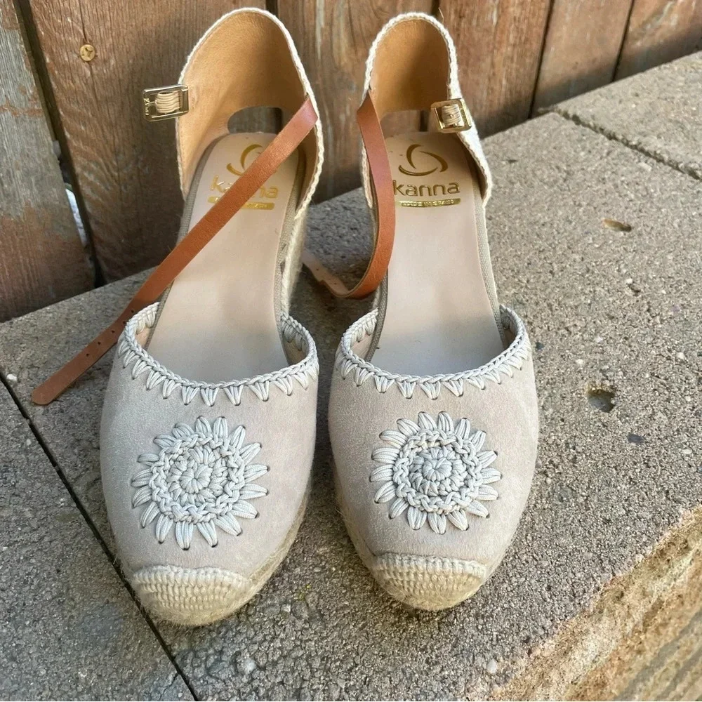 KANNA Women’s Cream Tan Espadrille Platform Wedge Heel Strap Shoe 39